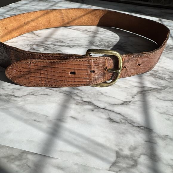 Tex Tan Leather Lizard Scroll Inlay Western Belt Size 34 Brown Brass Buckle USA - Picture 2 of 16